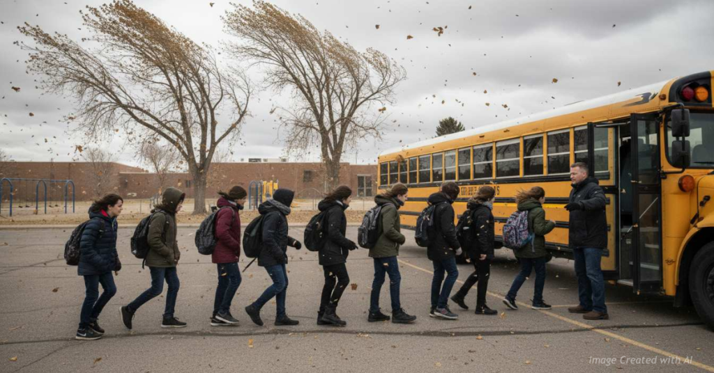 Students board a school bus as high winds blow through a Colorado schoolyard during early dismissal.