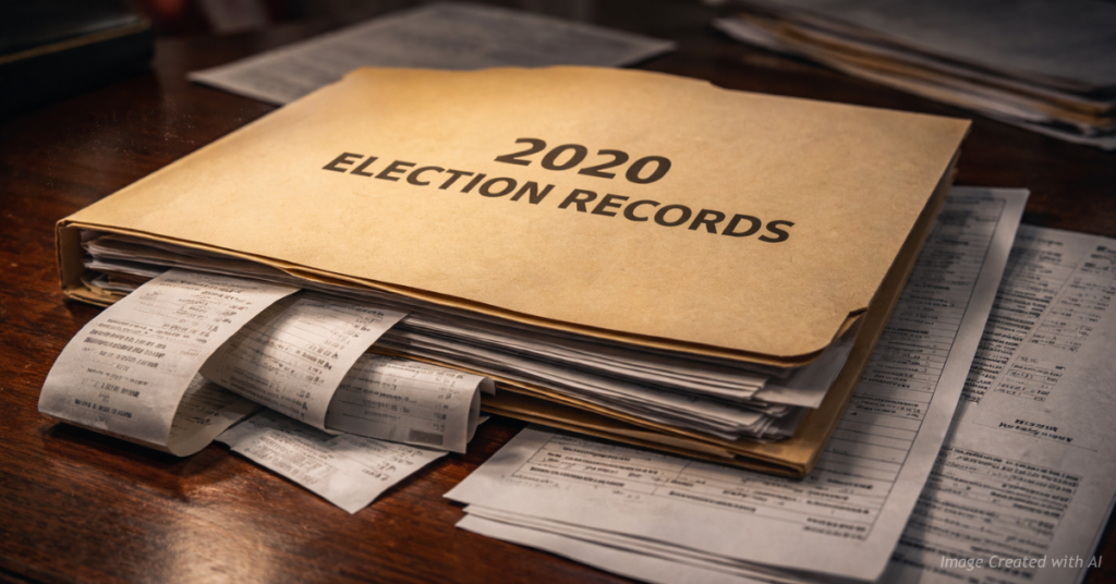 Folder labeled “2020 Election Records” opened to reveal tabulator tapes and election documents on a desk under dramatic light.