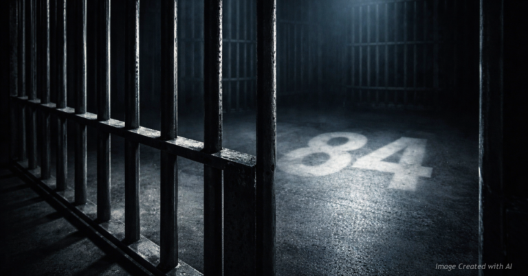 Prison bars symbolizing an 84-year federal sentence for nationwide child exploitation crimes.