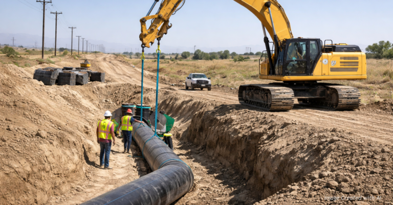 Workers install a large water pipeline at a rural construction site using heavy equipment and support vehicles.