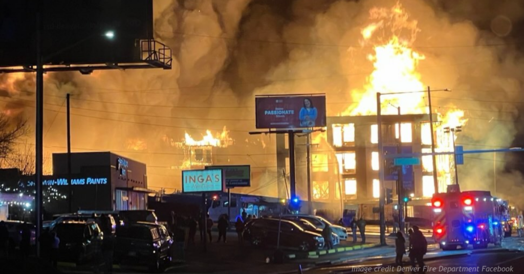 Nighttime image of Leetsdale Drive Fire in Denver.