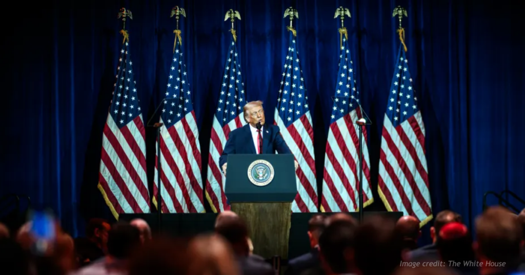 Donald J. Trump on stage speaking to Republicans.