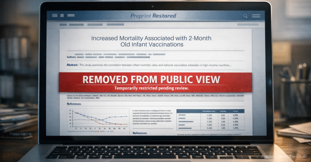 Academic preprint platform displays infant mortality vaccine study marked “removed” during review.