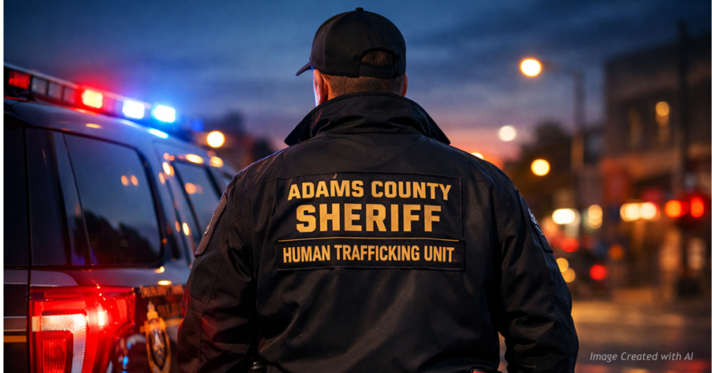 Adams County Sheriff detective wearing Human Trafficking Unit jacket illuminated by patrol lights at dusk.