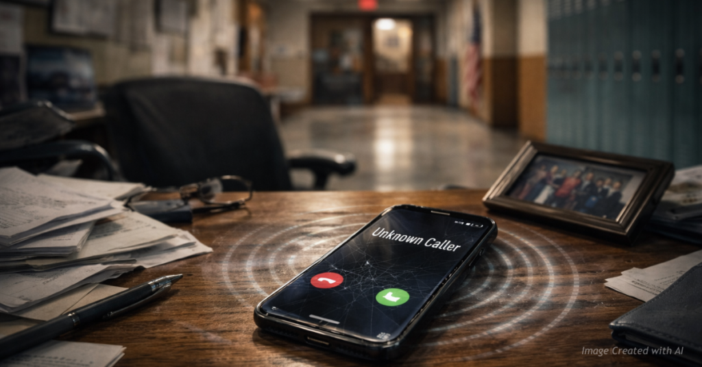 A vibrating phone on a school desk symbolizes AI-generated robocall threats disrupting Colorado schools.