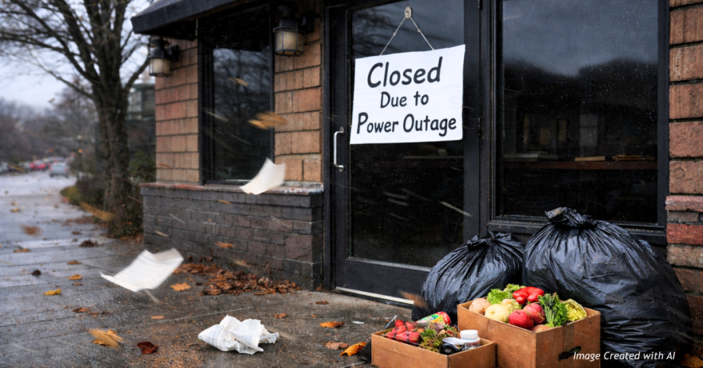 Wind blows past a closed Boulder restaurant as spoiled food is discarded during a wildfire-related power outage.