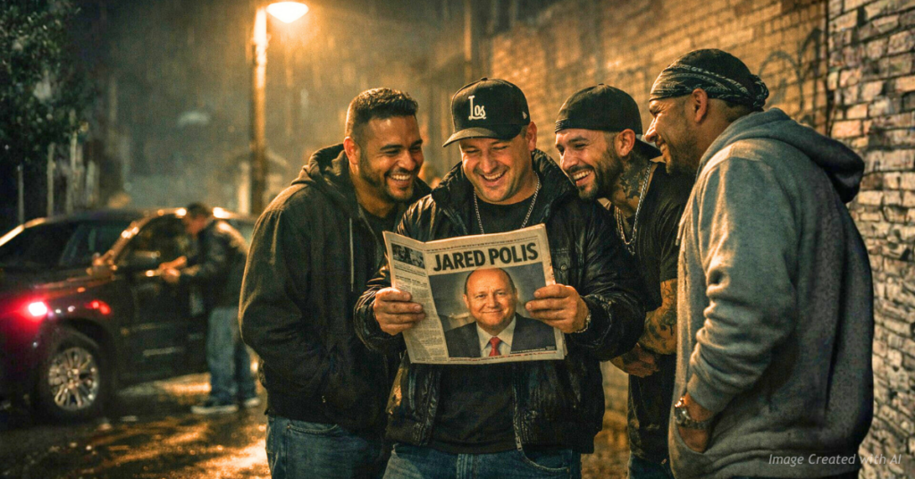 Cinematic illustration of suspected cartel members in Denver mocking political leadership amid illegal activity.