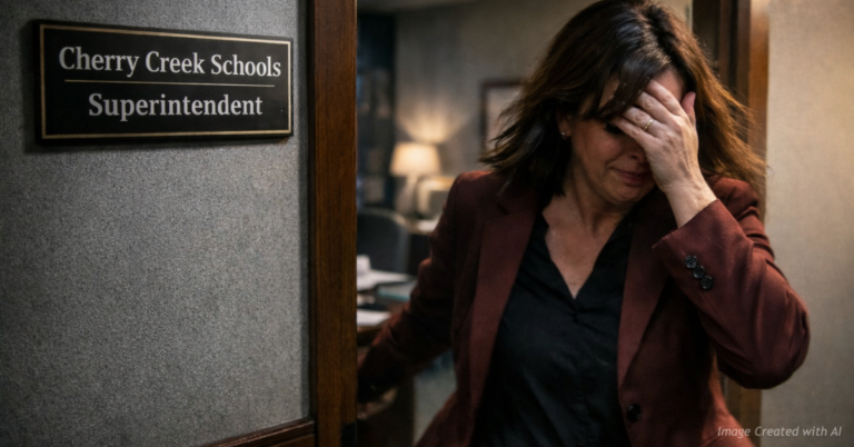 Distressed school employee exits superintendent’s office, symbolizing alleged toxic leadership environment.