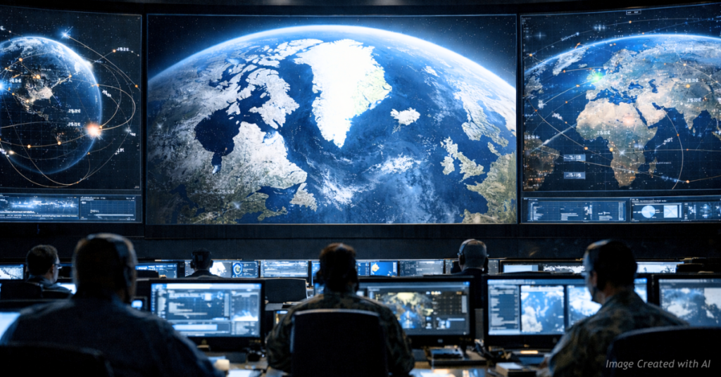 Interior of Cheyenne Mountain command center with screens showing Greenland and global defense networks.