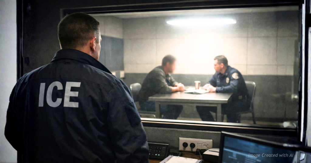 ICE officer observes local police interrogation through one-way mirror, symbolizing proposed law enforcement reporting requirements.