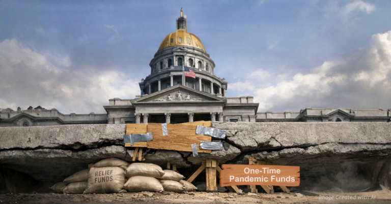 Illustration of Colorado Capitol with cracked foundation patched by temporary materials under a rigid spending limit ceiling.