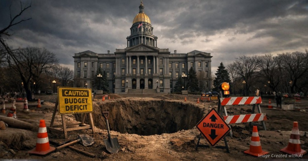 Colorado Capitol beside a deep hole symbolizing the state budget deficit
