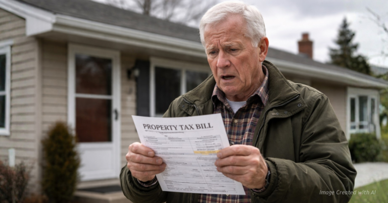Senior Colorado homeowner reacts with shock while holding a rising property tax bill outside a modest home.