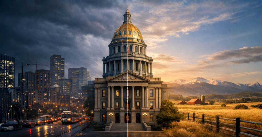 Illustration of Colorado Capitol divided between urban cityscape and rural farmland.