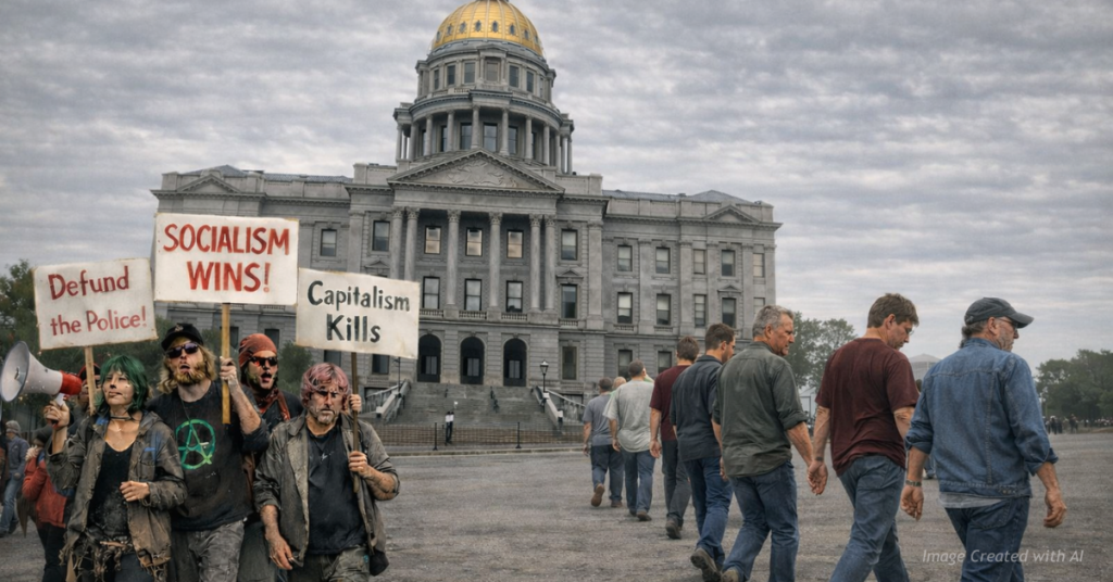 Coloradans walk away from far left protesters outside the Colorado State Capitol as a poll shows voters want leaders to move toward the center.