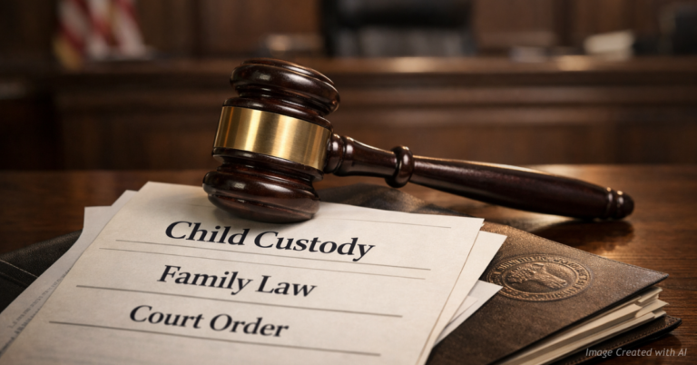 Judge’s gavel resting on child custody and family law documents in a courtroom.