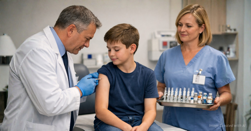 Doctor administers vaccine to school-age child as nurse stands nearby with tray of multiple prepared syringes.