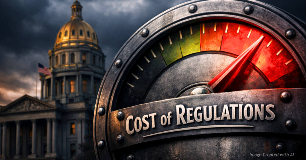 Gauge labeled “Cost of Regulations” spiking upward in front of the Colorado State Capitol.