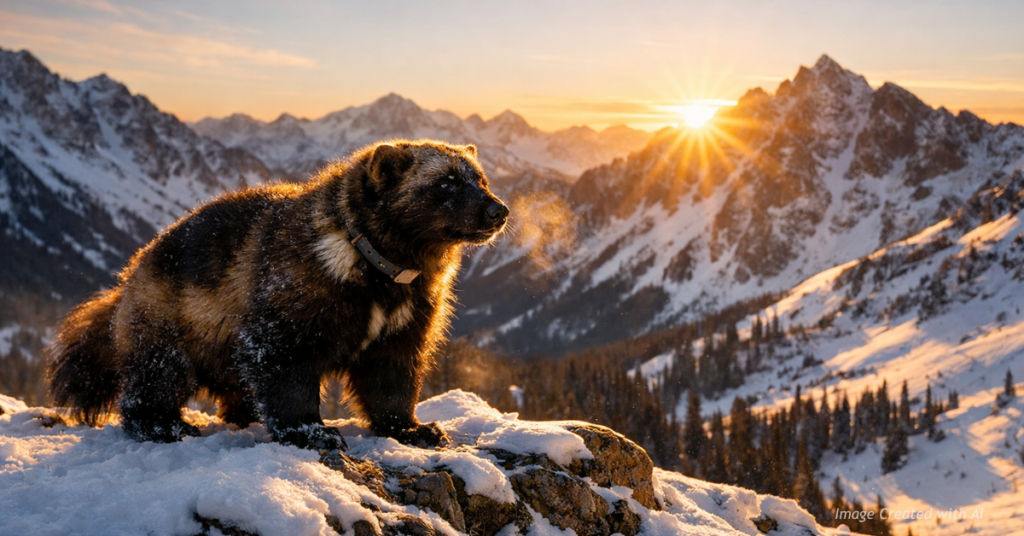 “Wide view of Colorado’s snowy high country with a distant wolverine.”