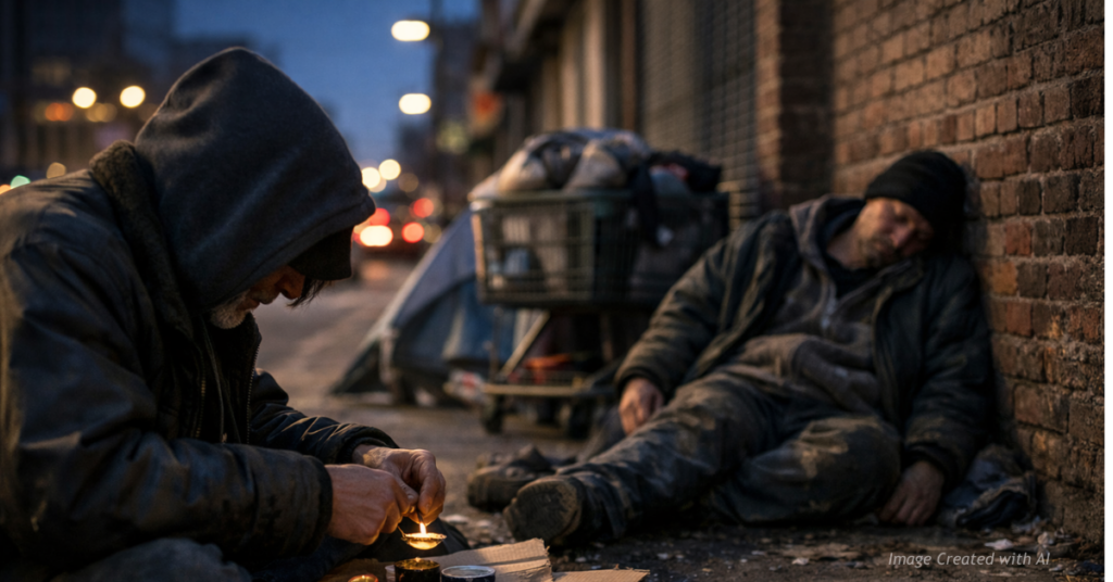 Unsheltered individuals in Denver visibly engaged in drug use, illustrating addiction’s role in chronic homelessness.