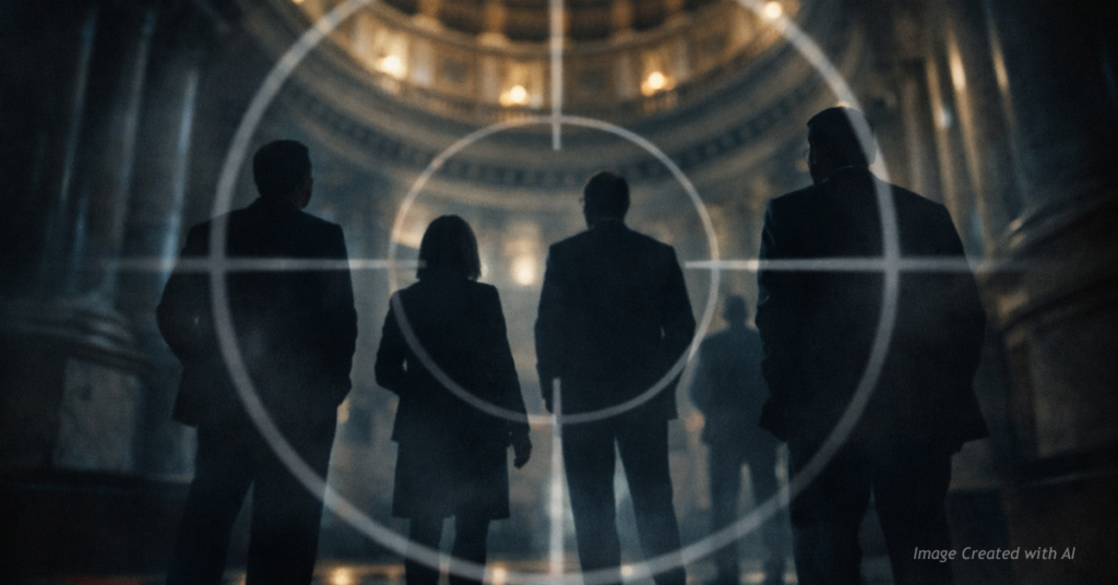Silhouetted Colorado lawmakers inside the Capitol under subtle crosshairs symbolizing primary election pressure.