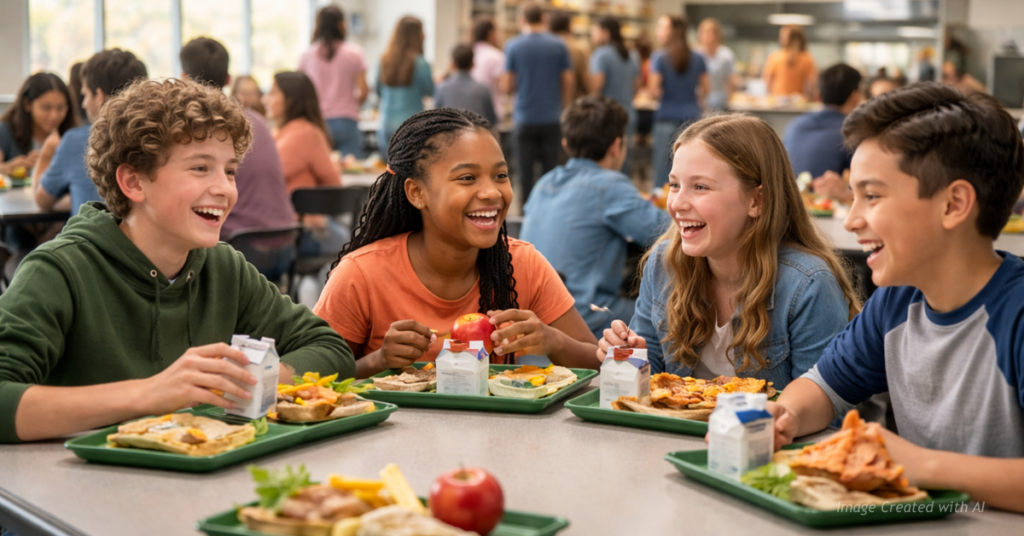 Middle school students in a Colorado cafeteria laughing and enjoying lunch together