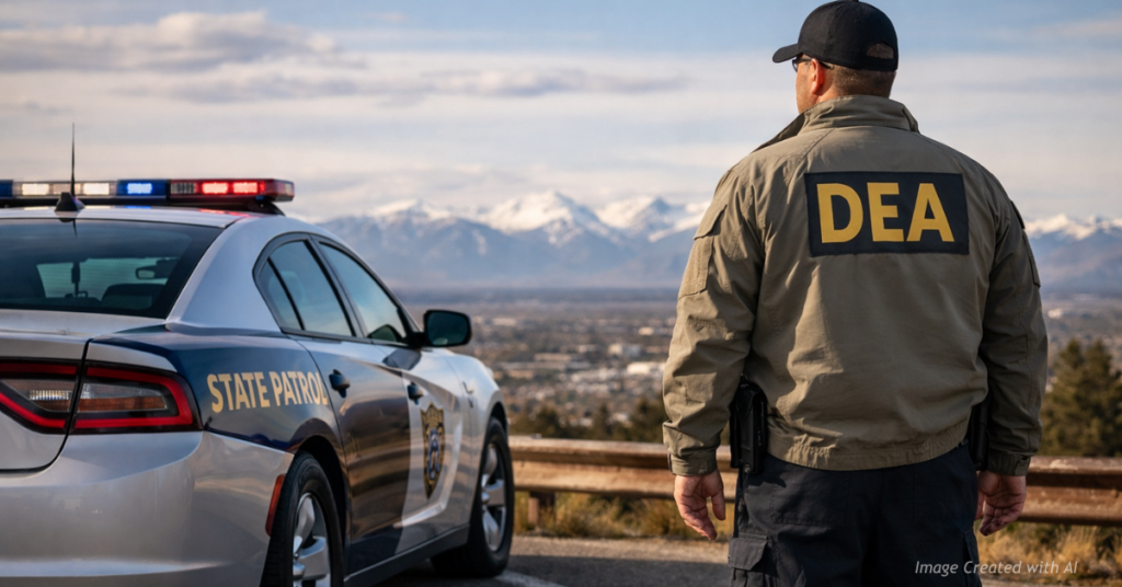 Colorado State Patrol vehicle and DEA agent side by side, symbolizing cooperation between state and federal law enforcement.