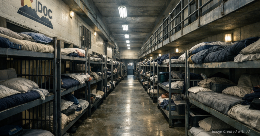 Overcrowded Colorado prison cell block illustrating capacity pressures after lawmakers denied funding for new beds
