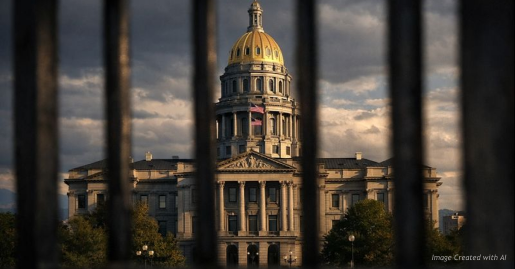 Colorado outline fractured by prison bars symbolizing system stress