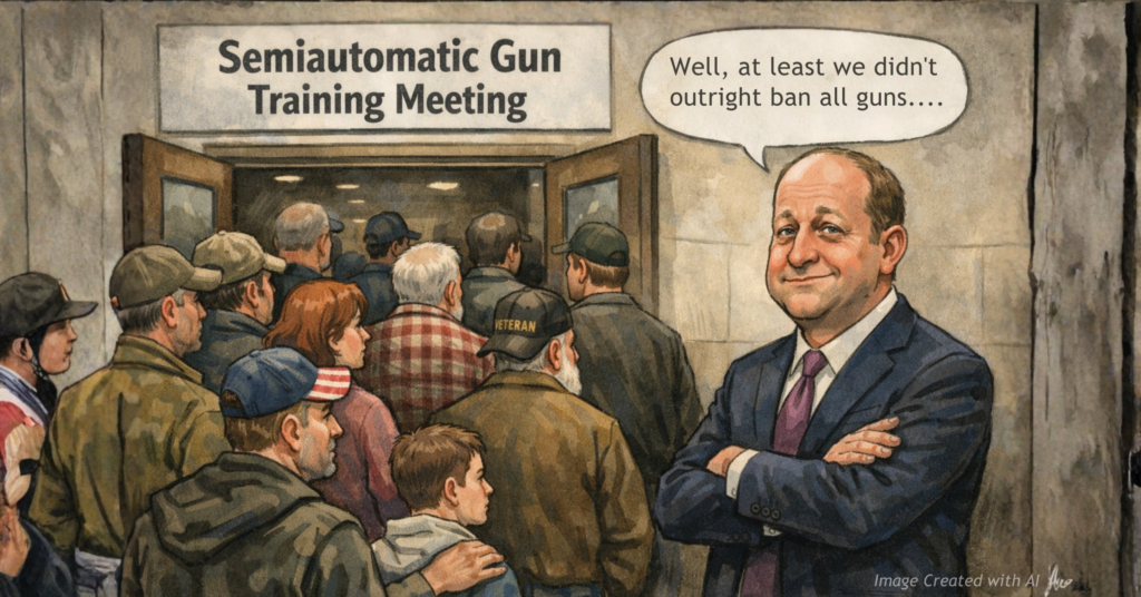 Editorial caricature shows frustrated Coloradans entering a semiautomatic gun training meeting as Gov. Jared Polis looks on.