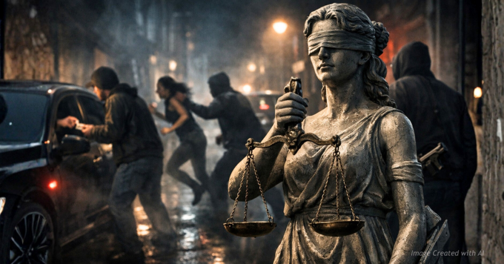 “Blindfolded Lady Justice as shadowy crimes unfold behind her, symbolizing concerns over lenient judicial decisions.”