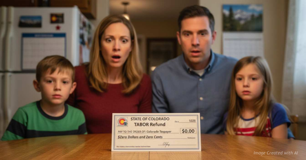 Colorado family reacts in shock to a TABOR refund check from the state showing a balance of zero dollars.
