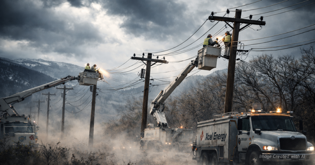 Power lines bend in high winds during a Colorado outage tied to wildfire prevention shutoffs.