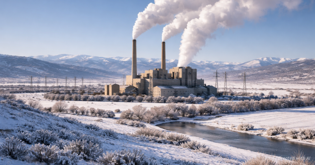 Winter landscape contrasts with steam from Craig coal power plant.
