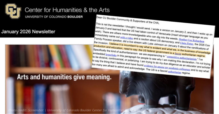 Official CU Boulder Center for Humanities & the Arts January 2026 newsletter header and opening text