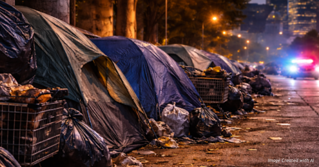 Street-side homeless encampment with tents, trash bags, and flashing police lights in the distance