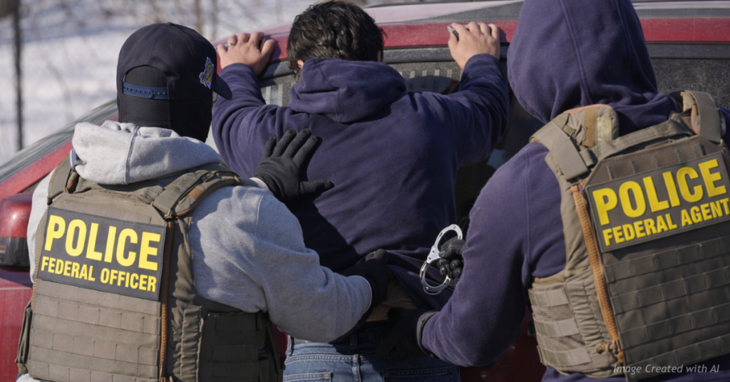 Federal immigration agents frisk a detained man during a roadside enforcement action in a winter setting.