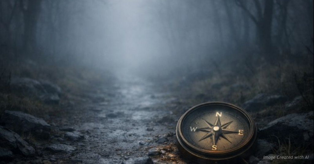 Compass guiding through fog as a symbol of discernment