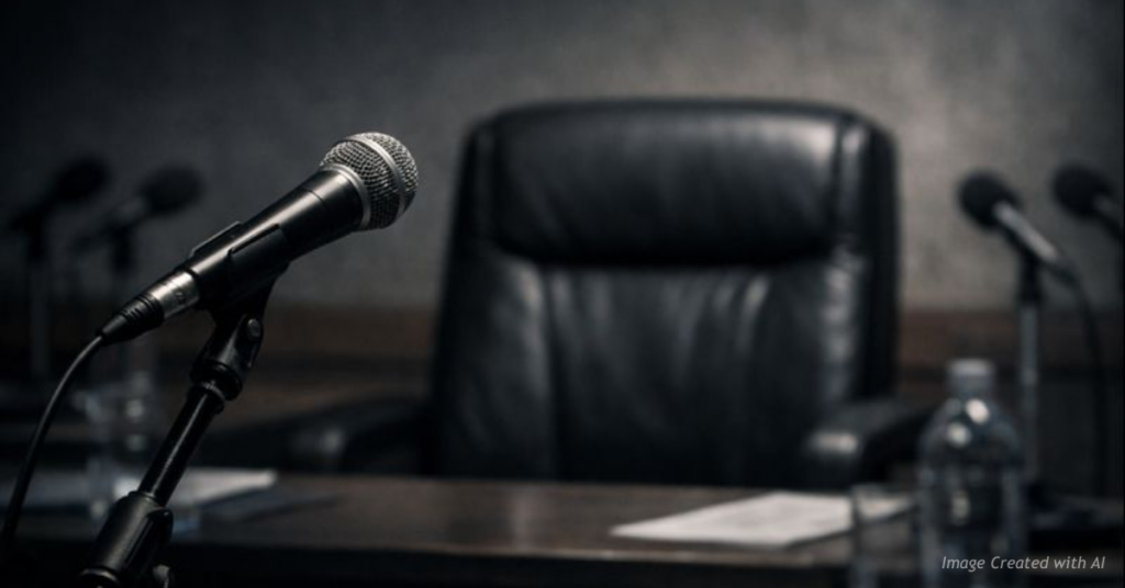 Empty chair and microphone symbolizing missing industry voices