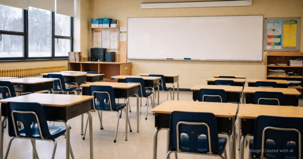 Empty Colorado classroom after school closures due to staff absences.