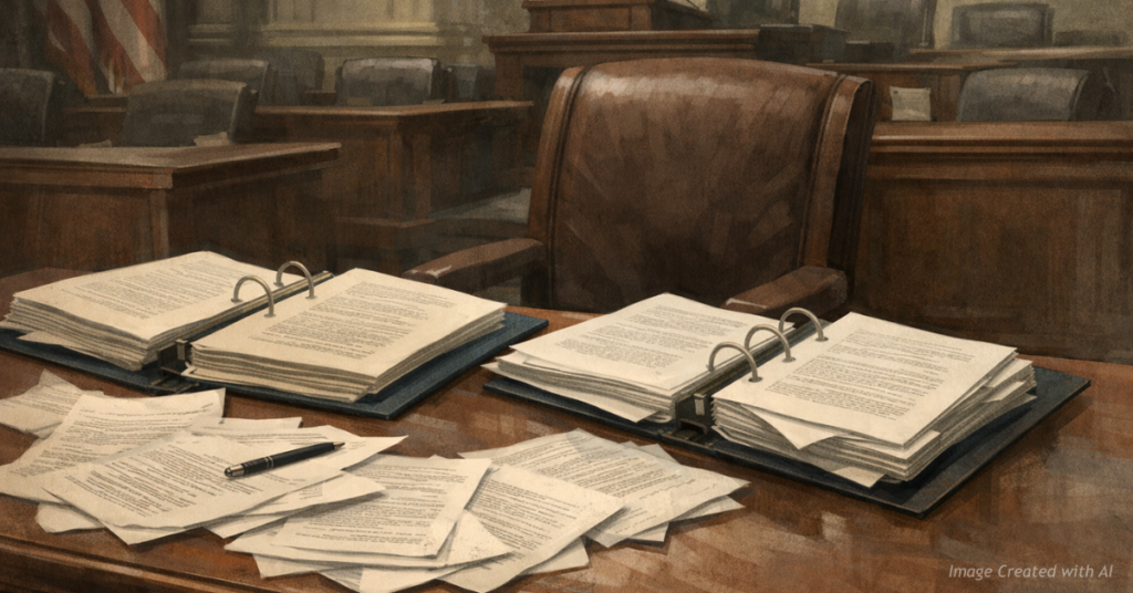 Empty congressional desk beside regulatory binders symbolizing delegated lawmaking