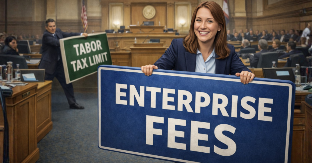 Illustration shows enterprise fees advancing as TABOR tax limits are pushed aside inside the Colorado Legislature.