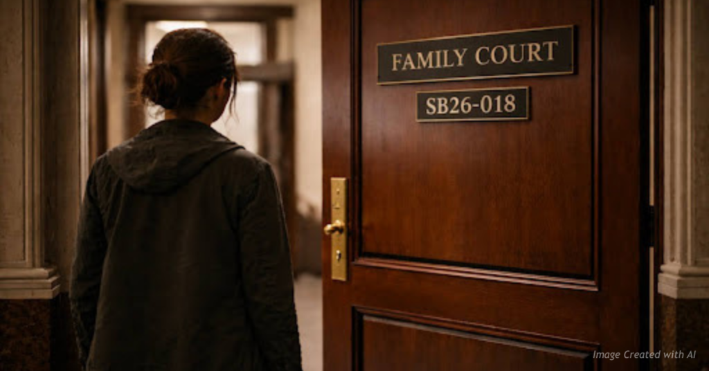 Person standing outside a family court door labeled SB26-018