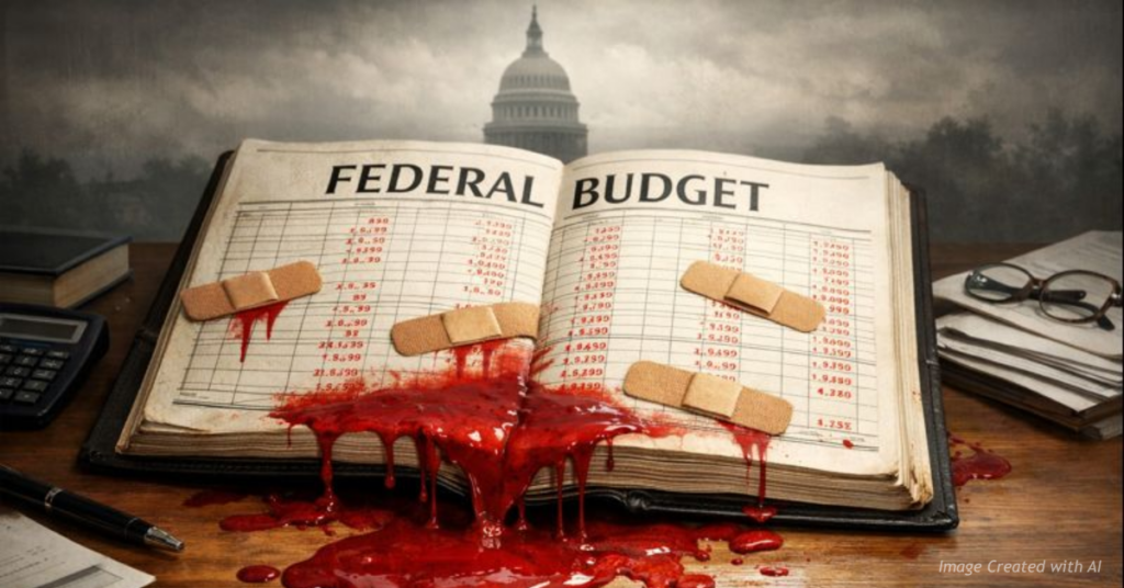 Federal budget ledger bleeding red ink symbolizing deficit and fiscal mismanagement