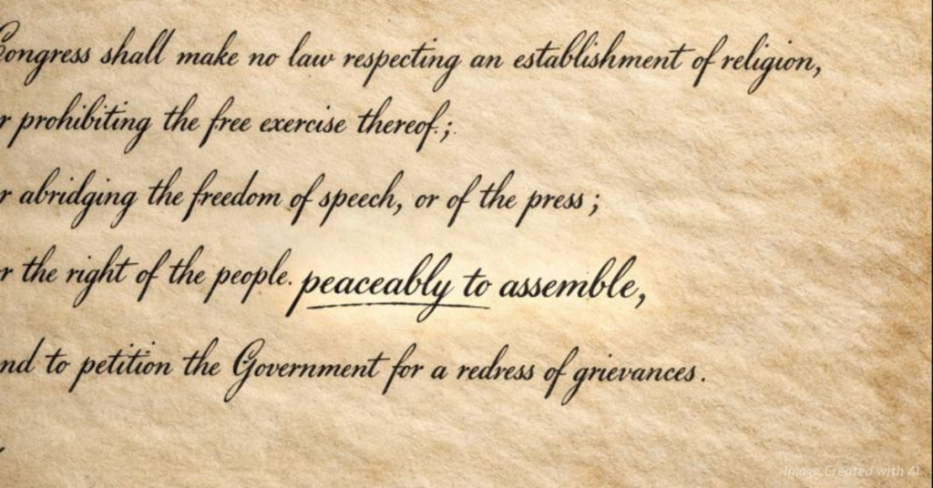First Amendment text highlighting peaceable assembly