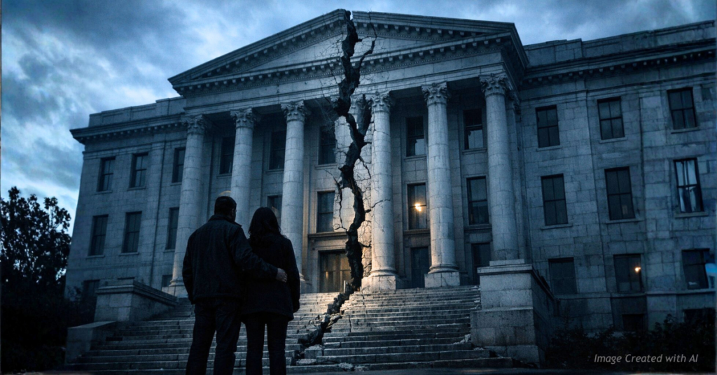 “Parents stand outside a cracked courthouse symbolizing a broken justice system in a dismissed child assault case.”