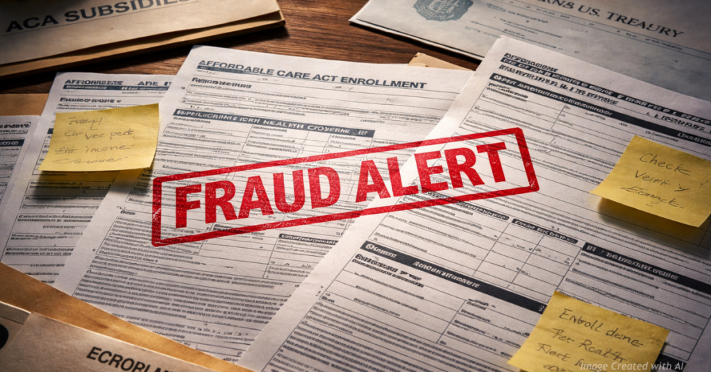 Federal healthcare enrollment paperwork stamped with a red fraud alert during an audit review.