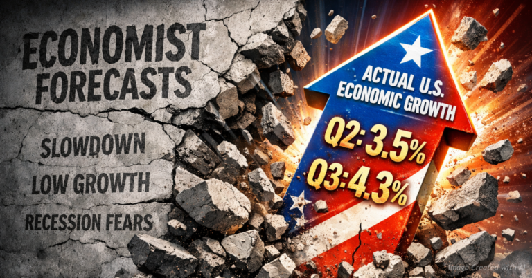 GDP growth arrow breaks through wall of economist forecasts showing failed predictions