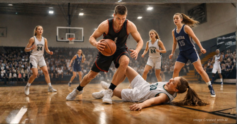 Low-angle image of a girls’ high school basketball game showing a much larger male athlete overpowering a female player.