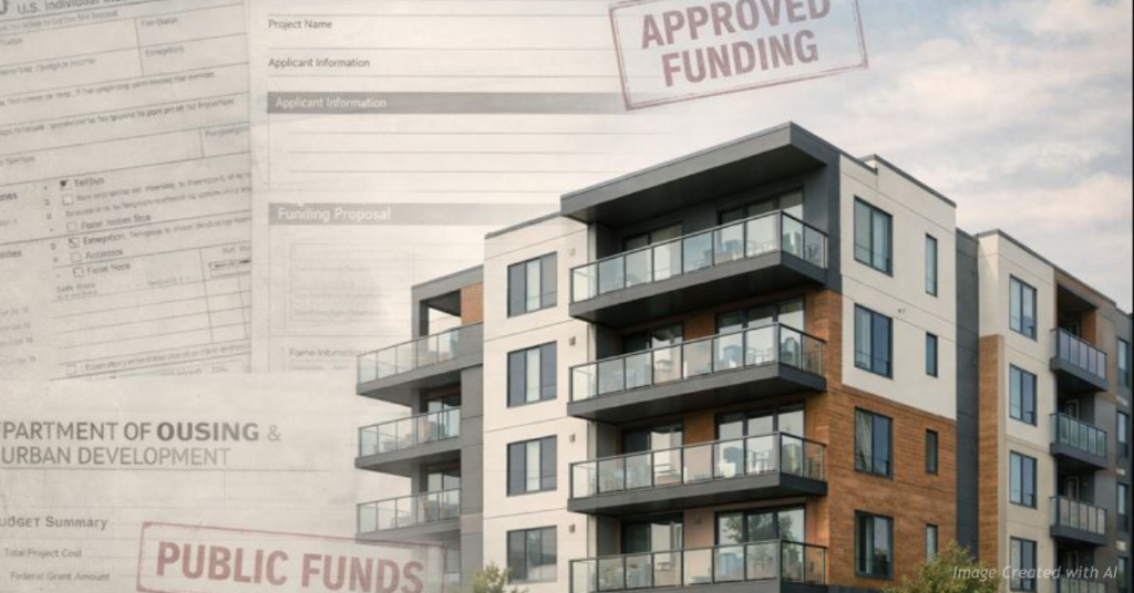 Apartment building overlaid with government funding documents representing subsidized housing